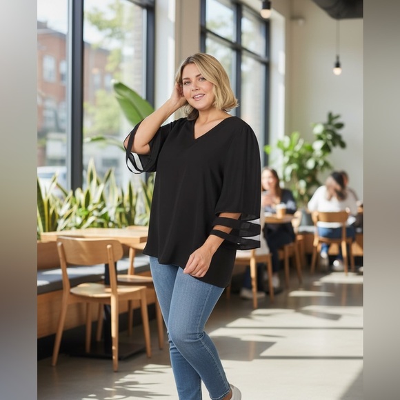 NEW•1X•Creme De La Creme Classy Flounce Sheer Sleeve Top - Picture 3 of 13